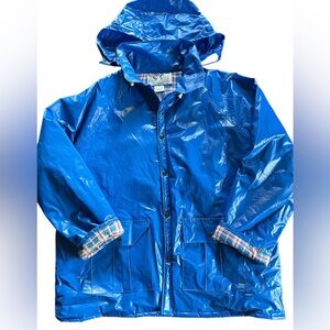 Vintage Duck Bay Blue Hooded wet-look rain jacket Plaid lined coat Size XL